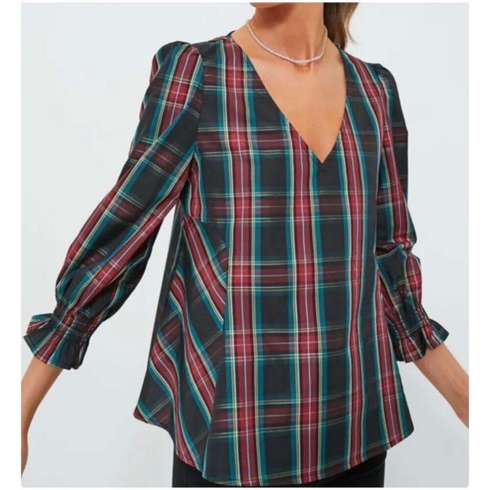 Tuckernuck Women’s Sz XL Red Plaid Blouse Highland Tartan V-Neck Ruffle Easton